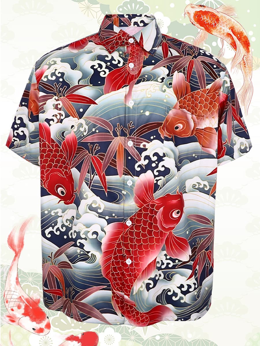 和風錦鯉波涛図総柄シャツ