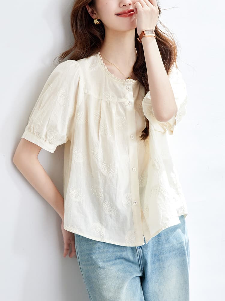 柄シャツ 優美な刺繍レースブラウス
