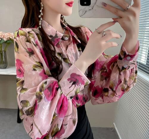 秋冬レディース総柄シャツ長袖花柄バルーン袖シフォン