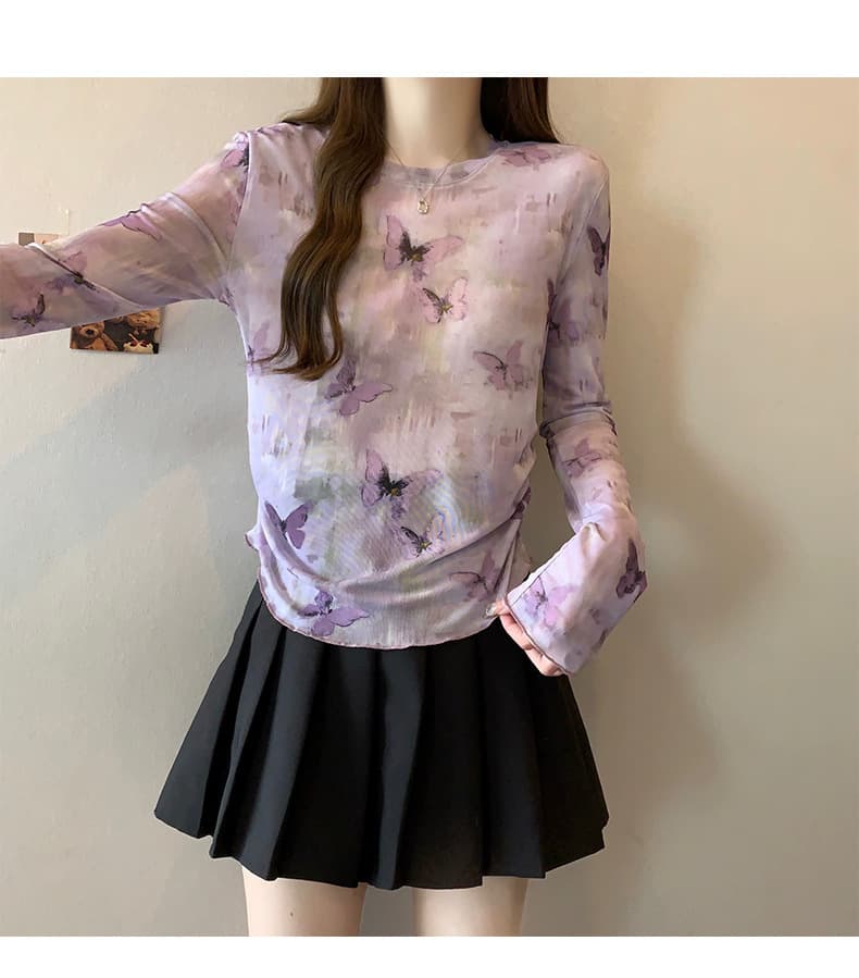 蝶々柄シアー総柄シャツ 透け感長袖薄手レディース