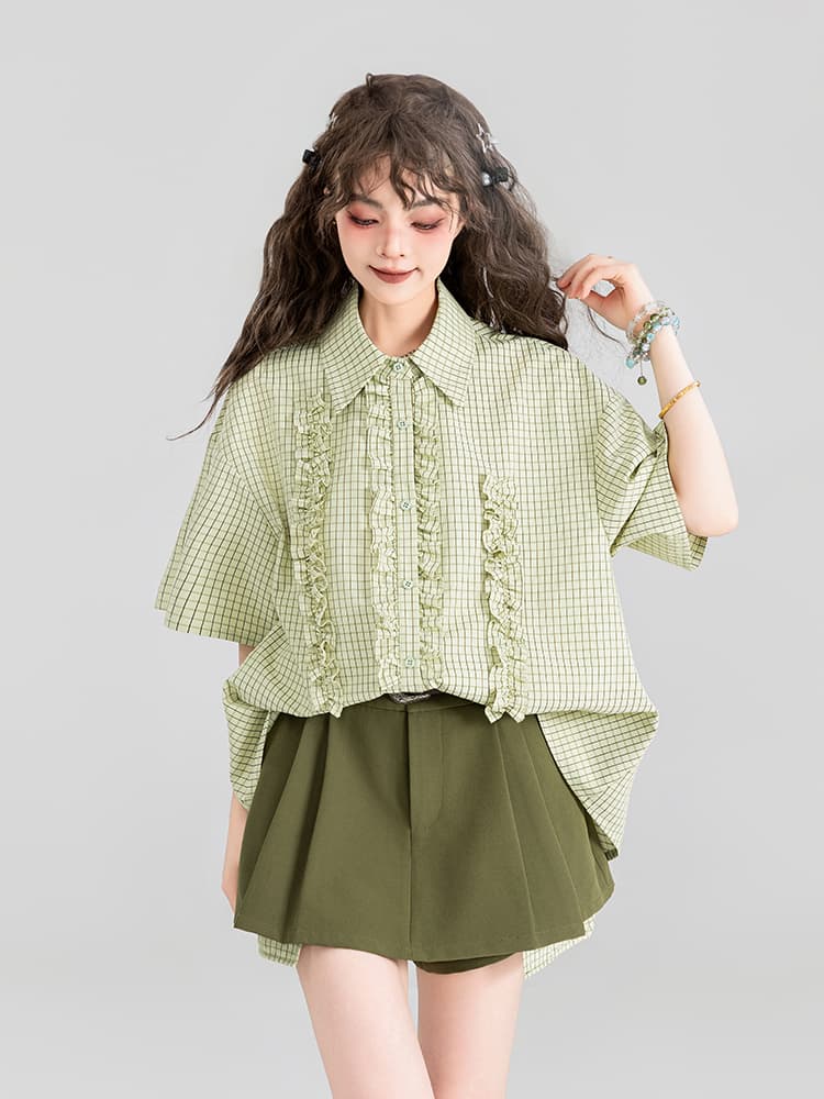 柄シャツ フリル装飾格子柄ゆったりシャツ