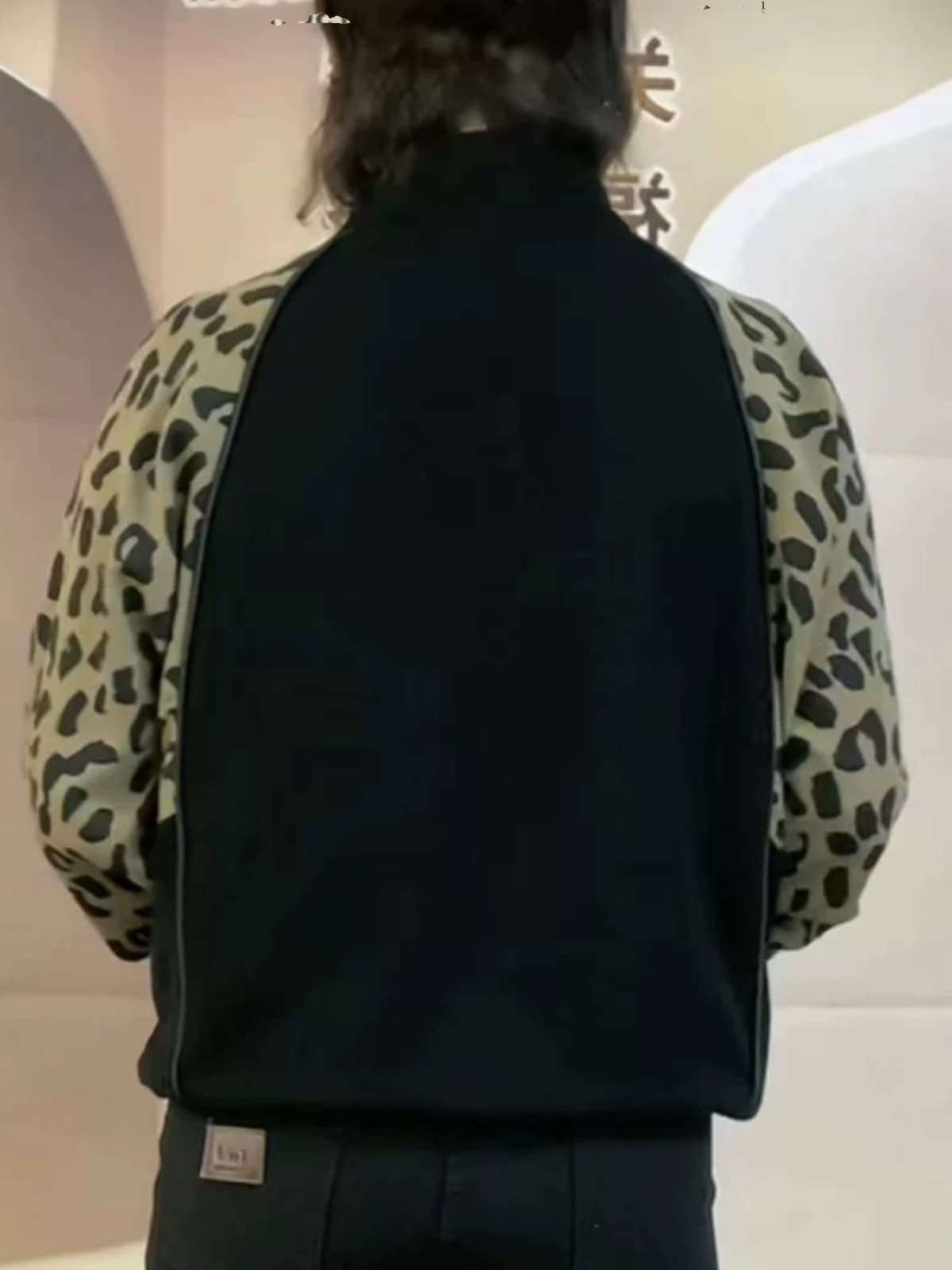 柄シャツ バイカラー切替ヒョウ柄ジップアップシャツ