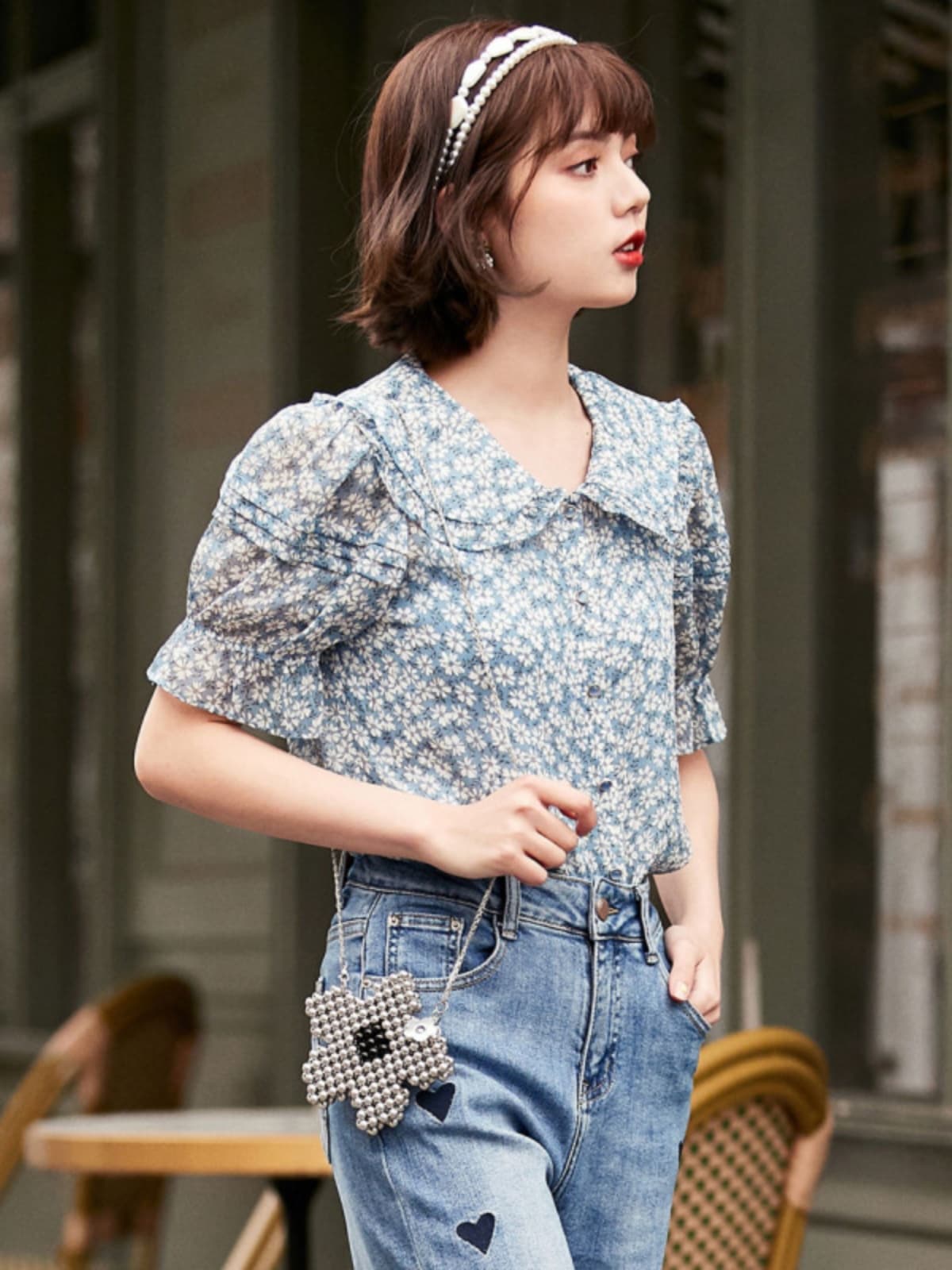 柄シャツ 小花柄丸襟パフスリーブシャツ