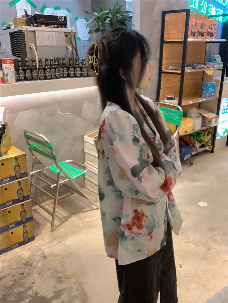 韓国風水彩花柄シャツ通勤おしゃれ長袖ブラウス