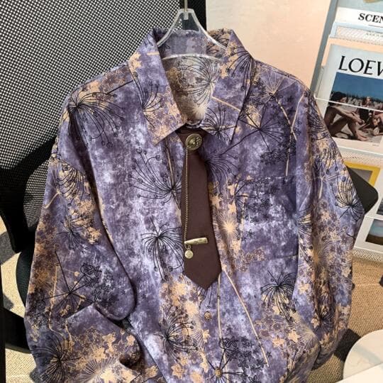 男性用長袖総柄シャツ パープル花柄デザイン