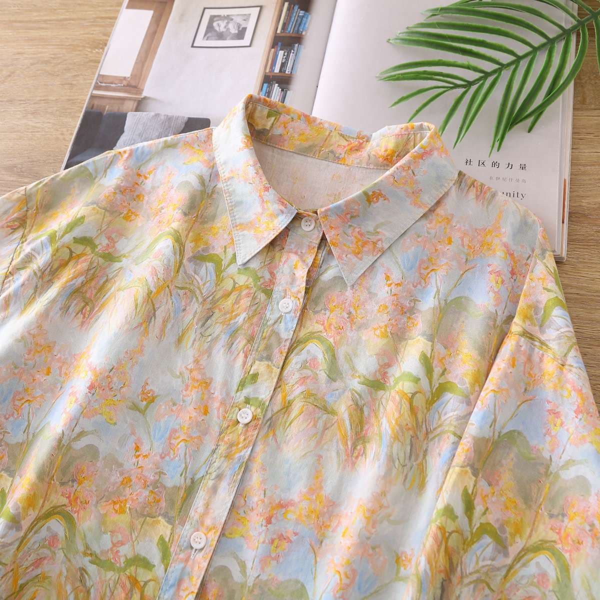 柄シャツ 春の花園 優雅なシャツブラウス