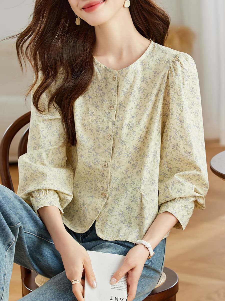 柄シャツ 柄シャツ 優美な小花模様パフスリーブブラウス