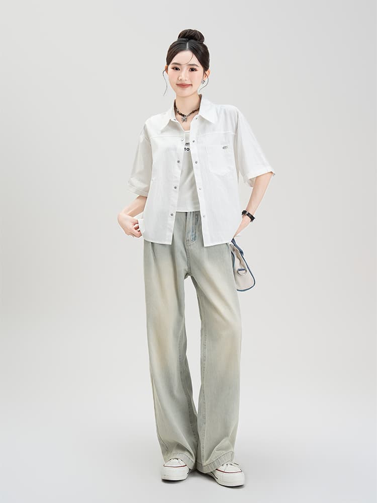 柄シャツ シンプル五分袖ベーシックシャツ