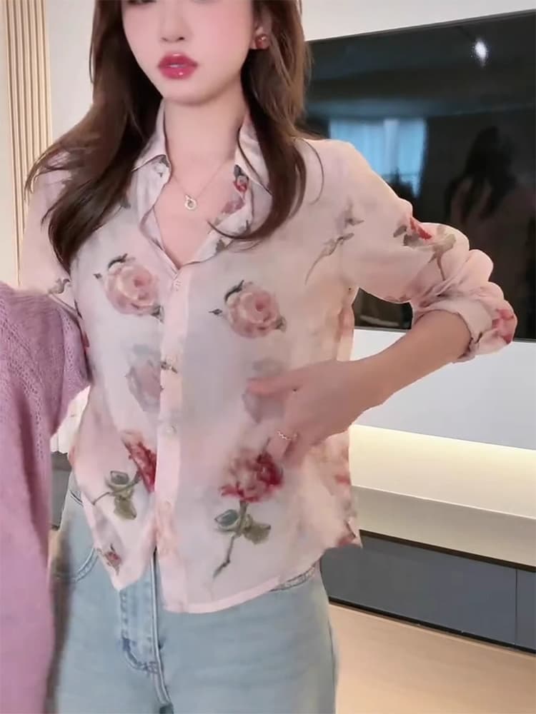 柄シャツ 柄シャツ 水彩バラ模様シアーシャツ