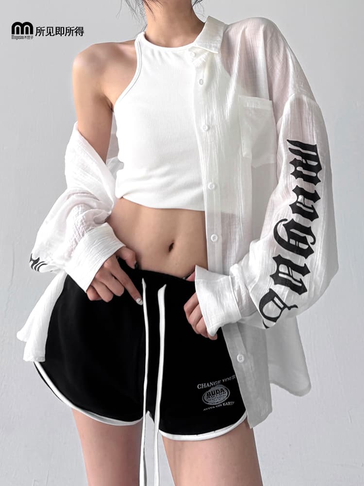 柄シャツ 透け感文字デザイン柄シャツ