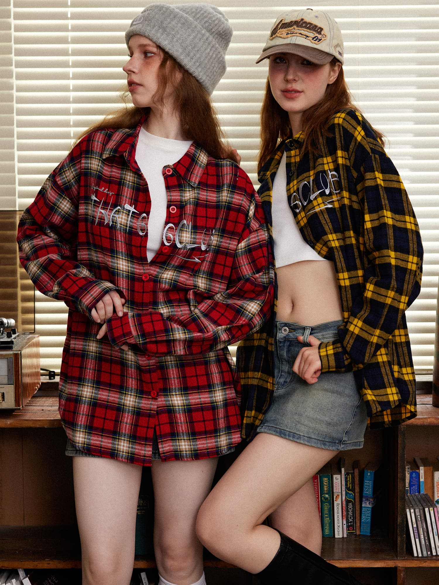 柄シャツ 柄シャツ ゆったりシルエット クラブ刺繍チェックシャツ