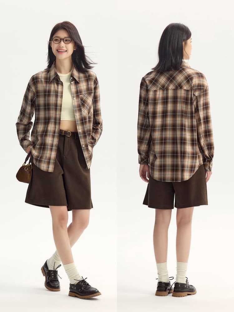 柄シャツ レトロ格子模様 ゆったりシャツ