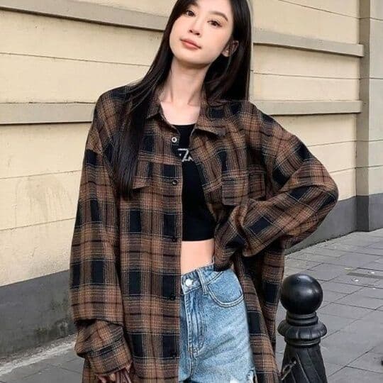 柄シャツ ゆったりチェック柄長袖シャツ