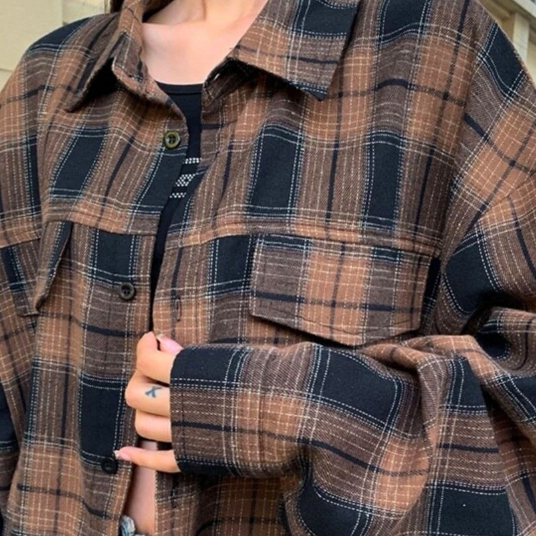 柄シャツ ゆったりチェック柄長袖シャツ