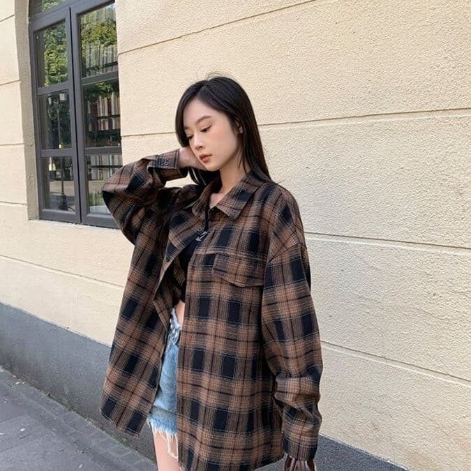 柄シャツ ゆったりチェック柄長袖シャツ