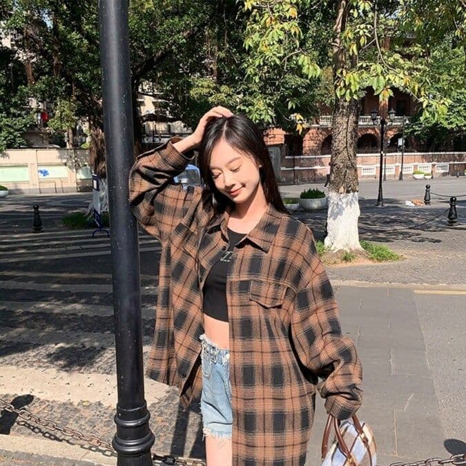 柄シャツ ゆったりチェック柄長袖シャツ