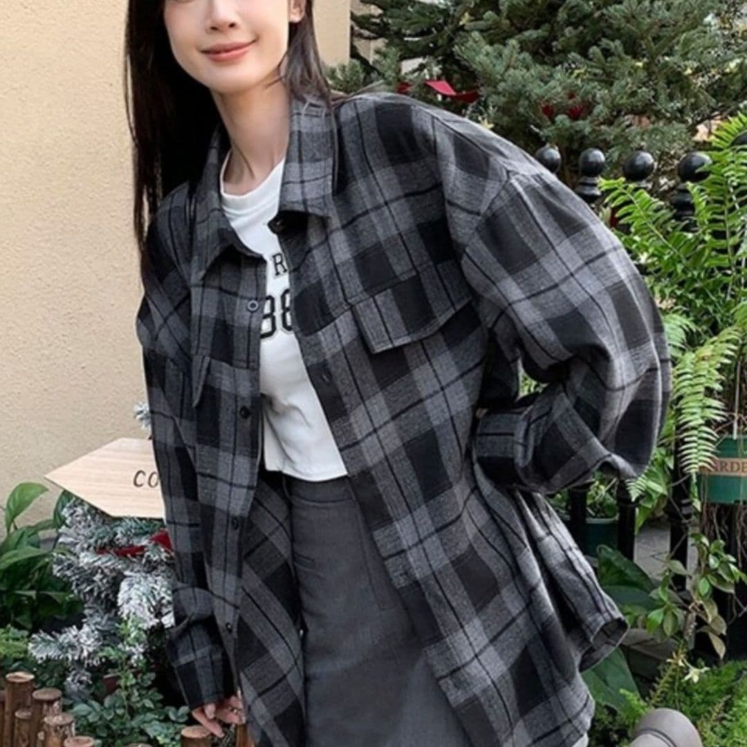 柄シャツ ゆったりチェック柄長袖シャツ