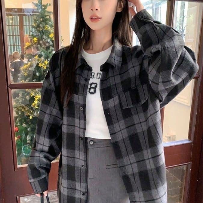 柄シャツ ゆったりチェック柄長袖シャツ