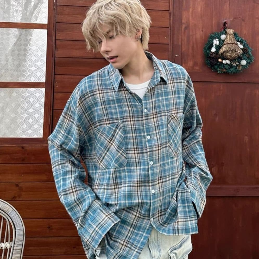 柄シャツ 格子柄リラックス長袖シャツ