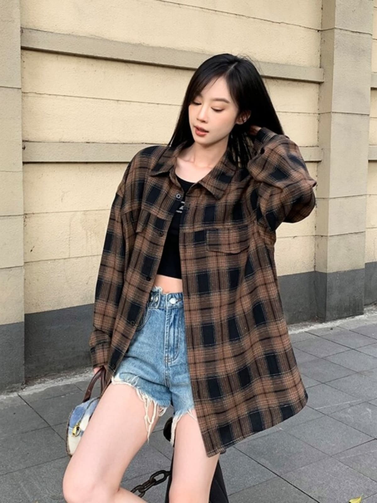 柄シャツ ゆったりチェック柄長袖シャツ