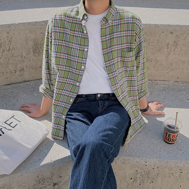 柄シャツ 爽やか格子柄リラックス長袖シャツ