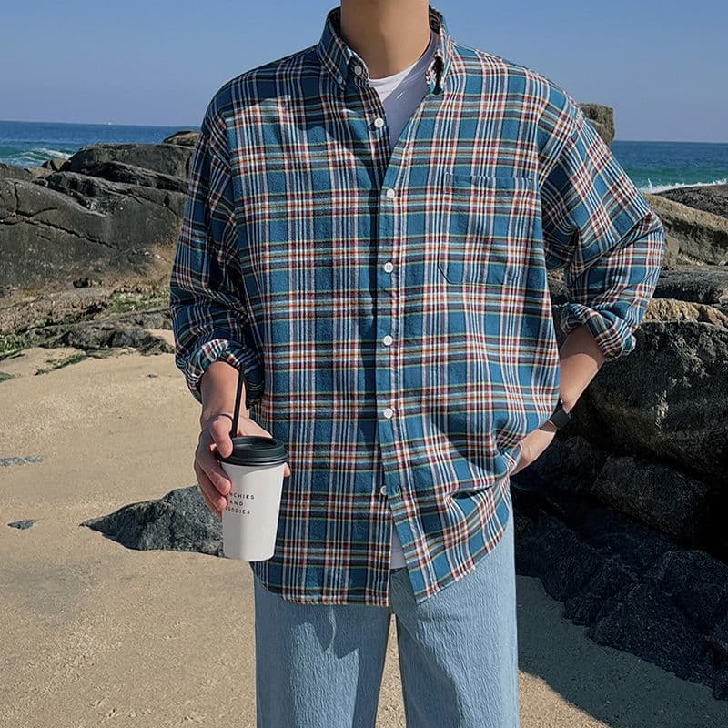 柄シャツ 爽やか格子柄リラックス長袖シャツ