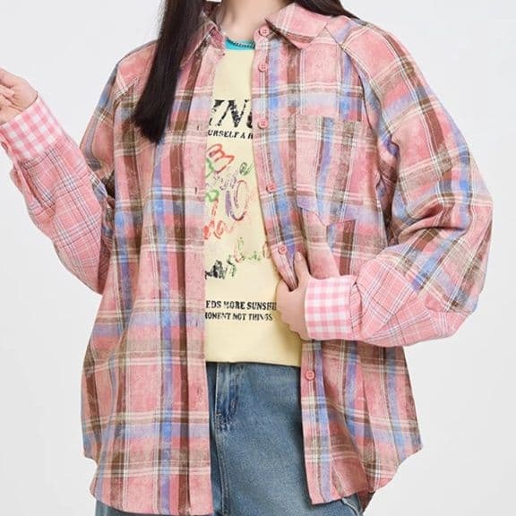 柄シャツ 柄シャツ ほっこり格子模様オーバーシャツ