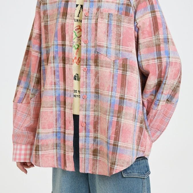 柄シャツ 柄シャツ ほっこり格子模様オーバーシャツ