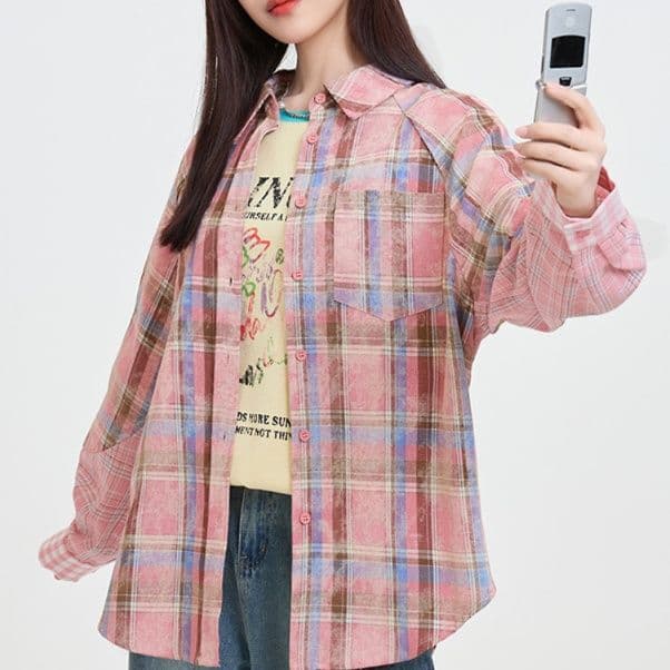 柄シャツ 柄シャツ ほっこり格子模様オーバーシャツ