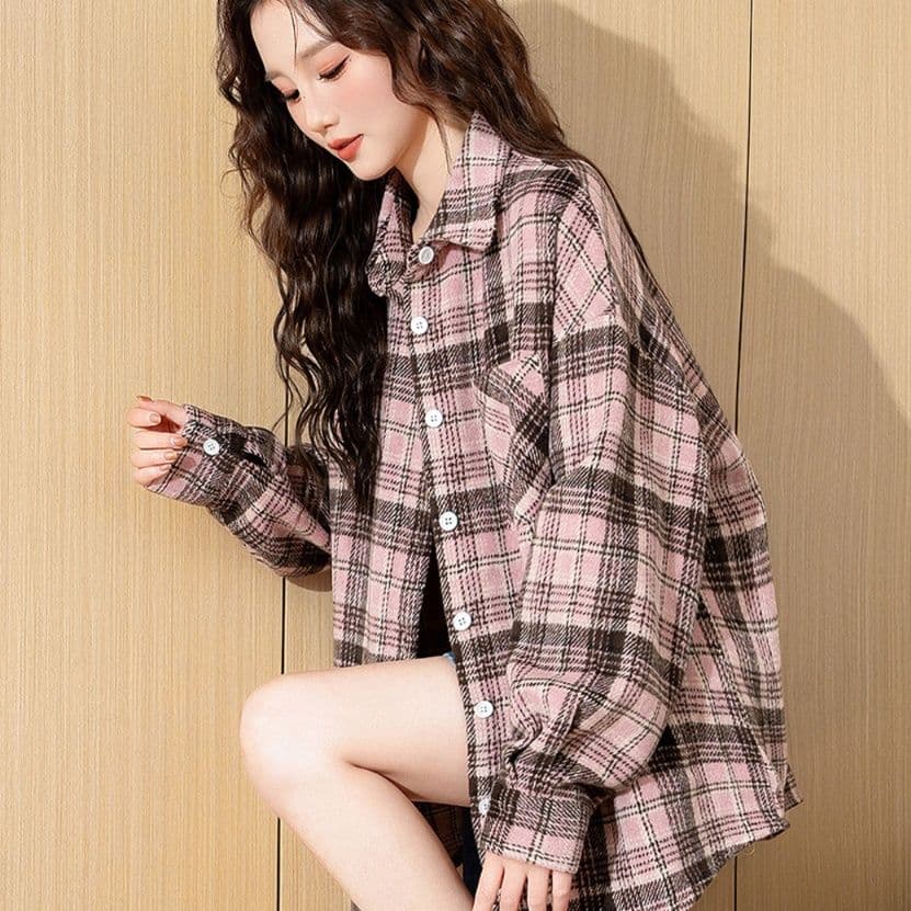 柄シャツ 柄シャツ 優美格子オーバーサイズシャツ