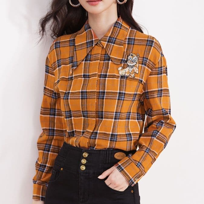 柄シャツ 柄シャツ クマ刺繍入り格子模様シャツ