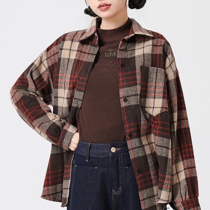 柄シャツ 北欧風ゆったりチェック柄シャツ