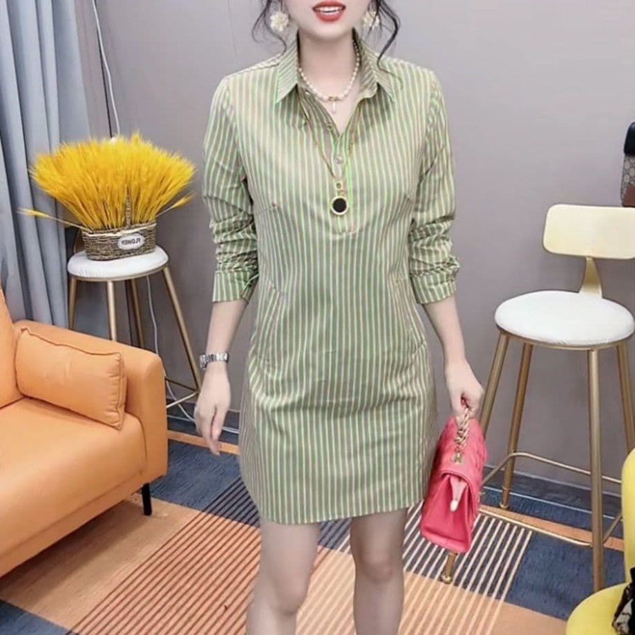 柄シャツ 柄シャツ 爽やか縦縞シャツワンピース