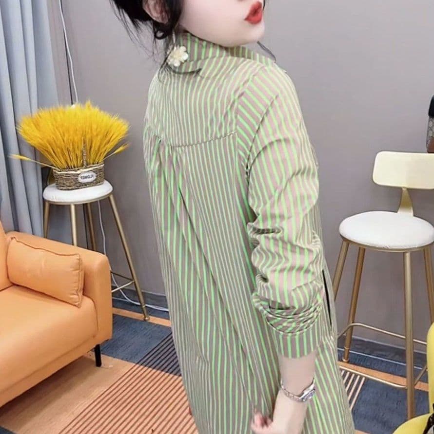 柄シャツ 柄シャツ 爽やか縦縞シャツワンピース