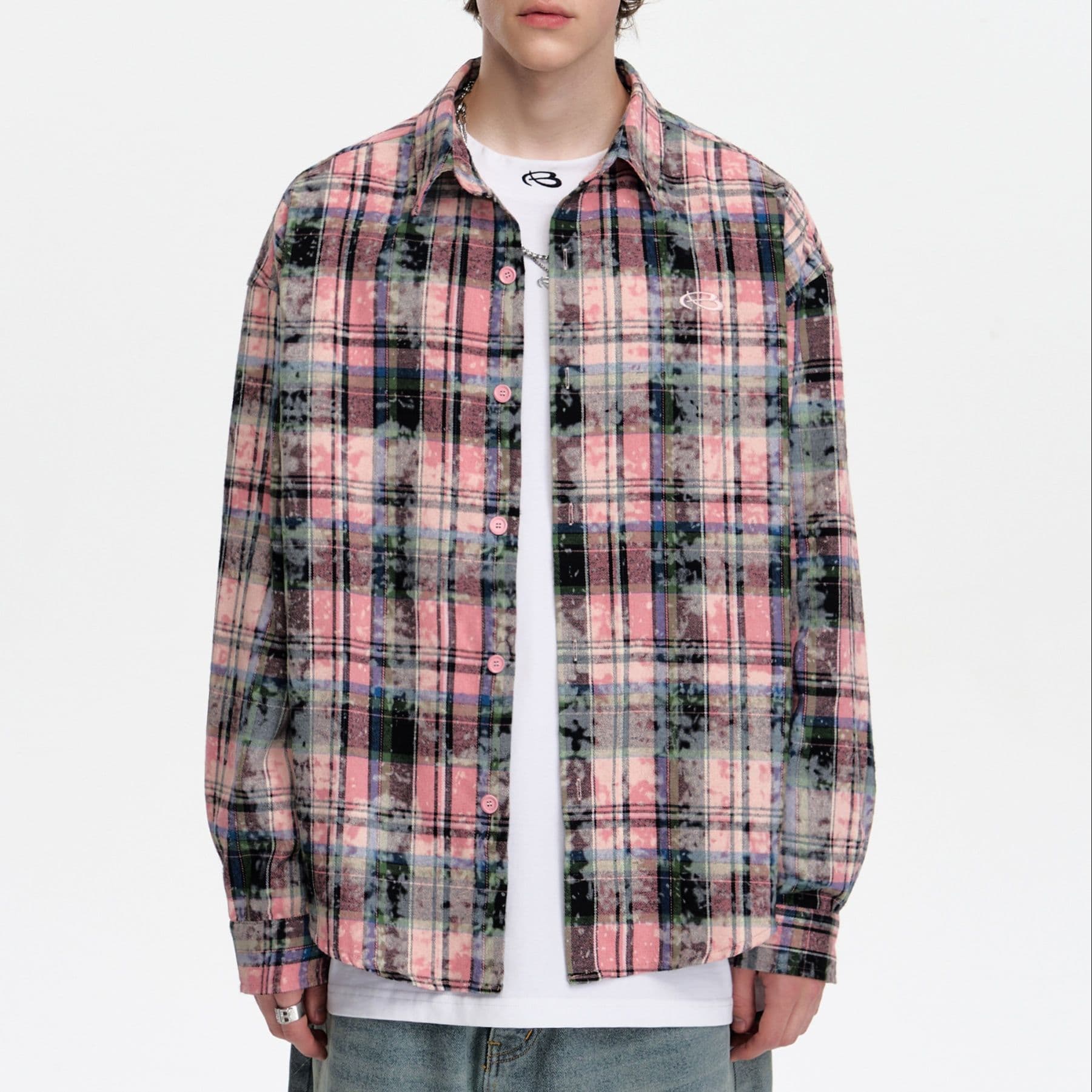 柄シャツ 柄シャツ ぼかし模様チェックオーバーシャツ
