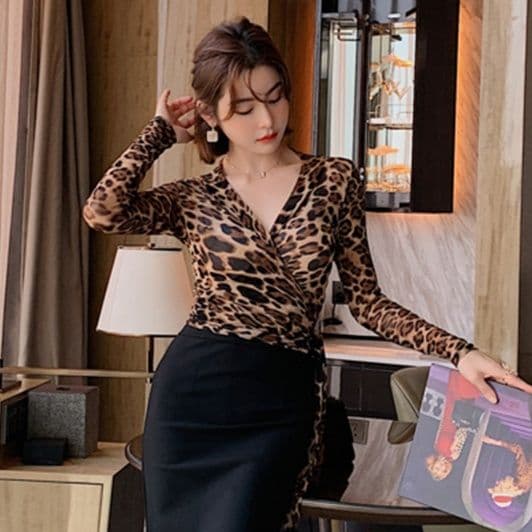 柄シャツ ラップスタイル ヒョウ柄カシュクール