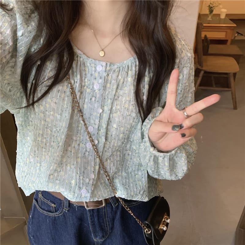 韓国風花柄シャツ長袖ブラウス上品ラウンドネック