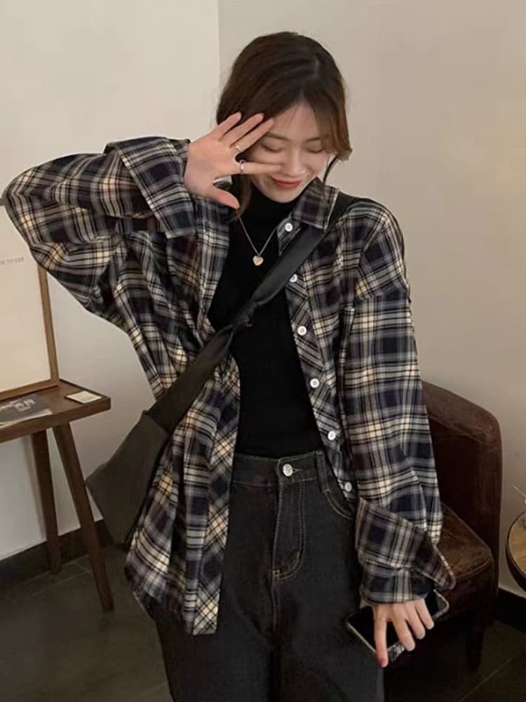 柄シャツ クラシック格子模様ゆったりシャツ