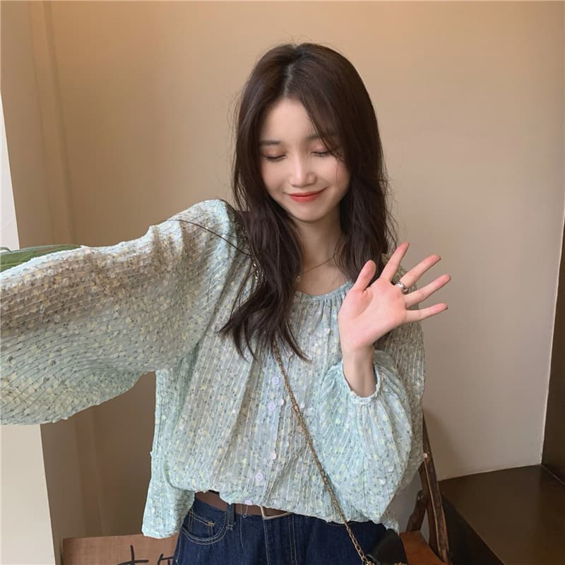 韓国風花柄シャツ長袖ブラウス上品ラウンドネック