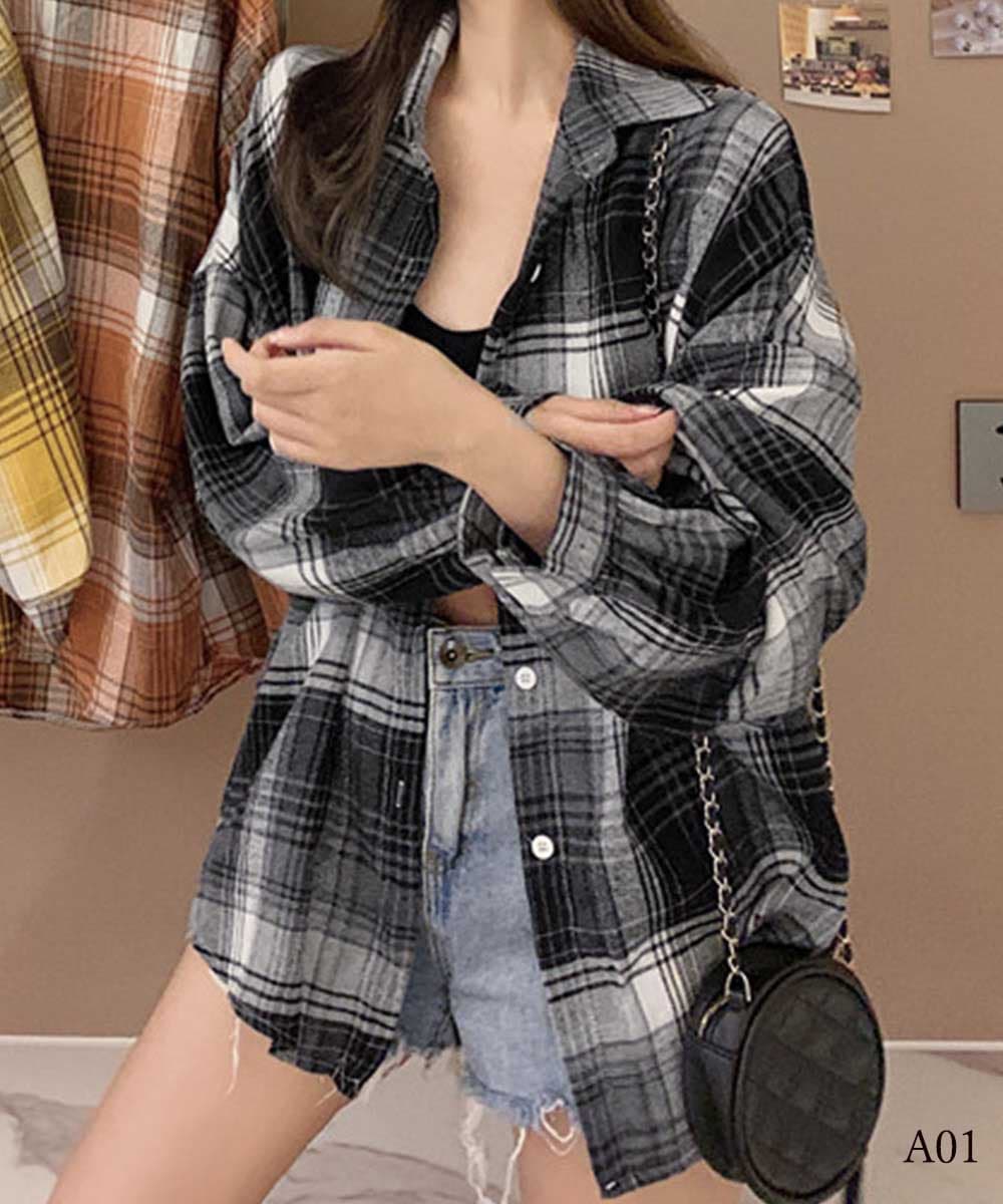 ゆったりシルエット チェック柄シャツ 長袖