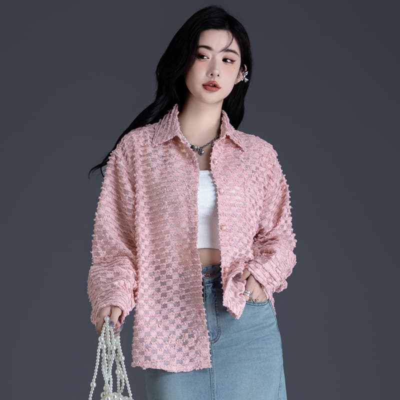 柄シャツ フリンジ格子模様シャツ