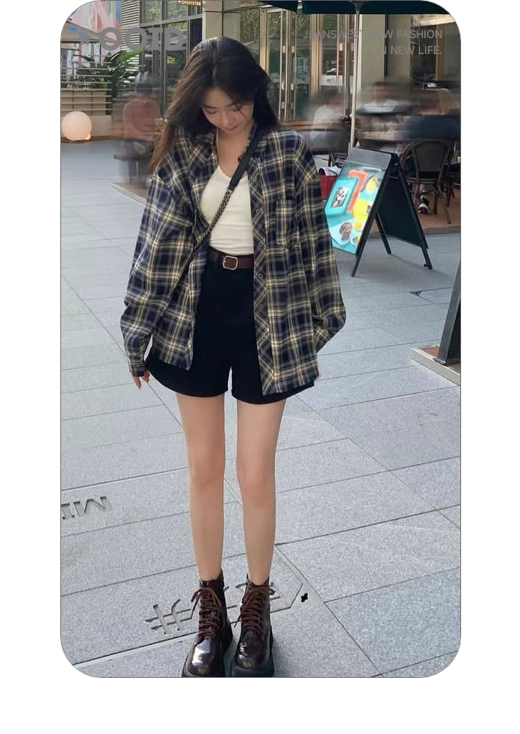 柄シャツ クラシック格子模様ゆったりシャツ