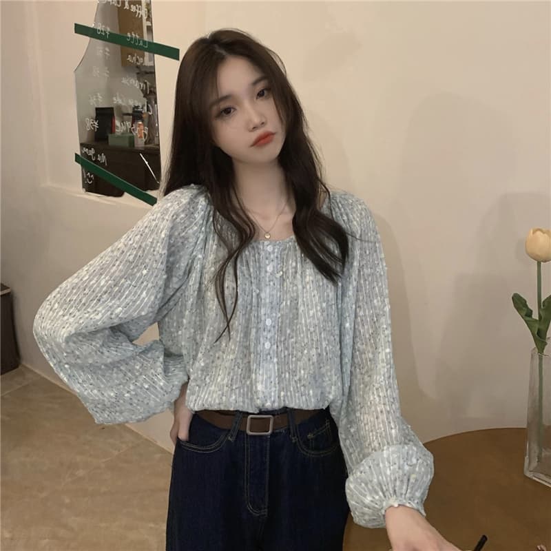 韓国風花柄シャツ長袖ブラウス上品ラウンドネック