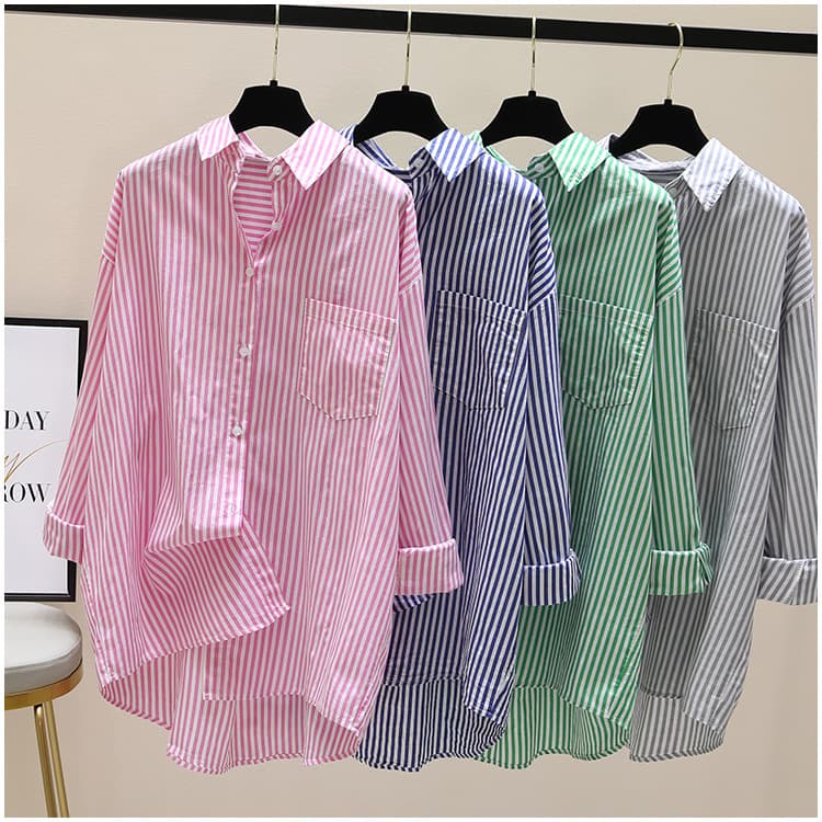 白柄シャツ ストライプ長袖ブラウス 体型カバーロング丈