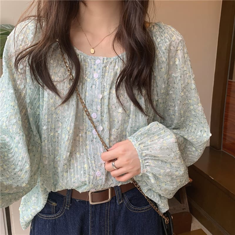 韓国風花柄シャツ長袖ブラウス上品ラウンドネック