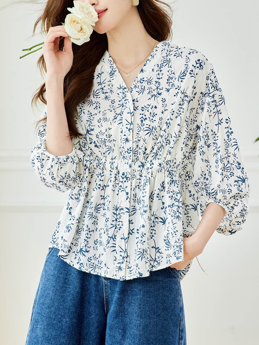 柄シャツ 涼花草模様 七分袖ふんわりブラウス