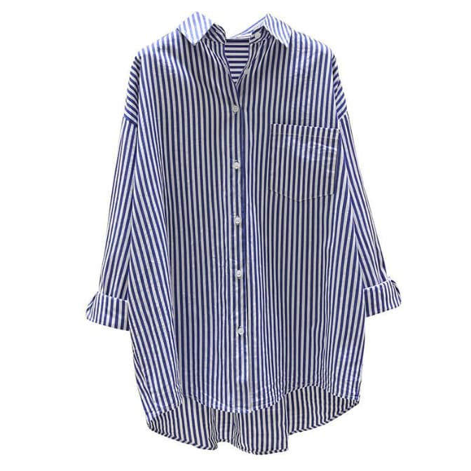 白柄シャツ ストライプ長袖ブラウス 体型カバーロング丈