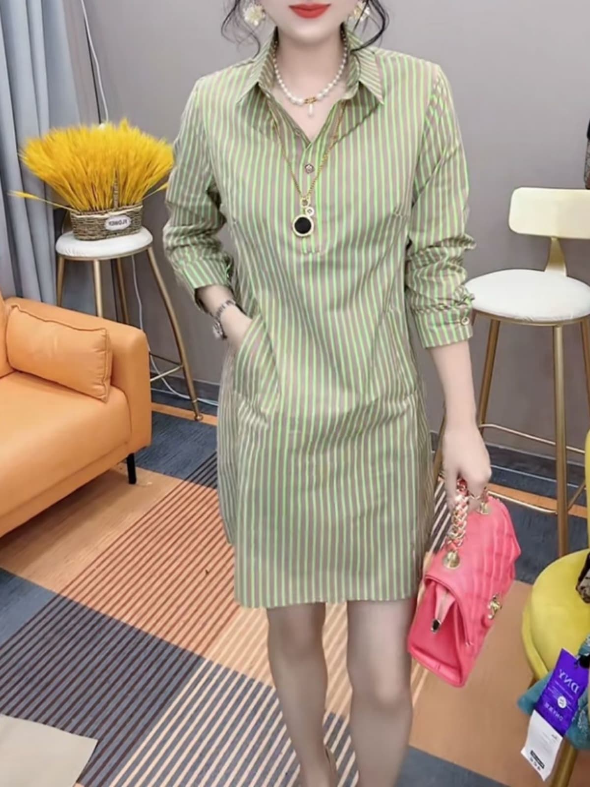 柄シャツ 柄シャツ 爽やか縦縞シャツワンピース
