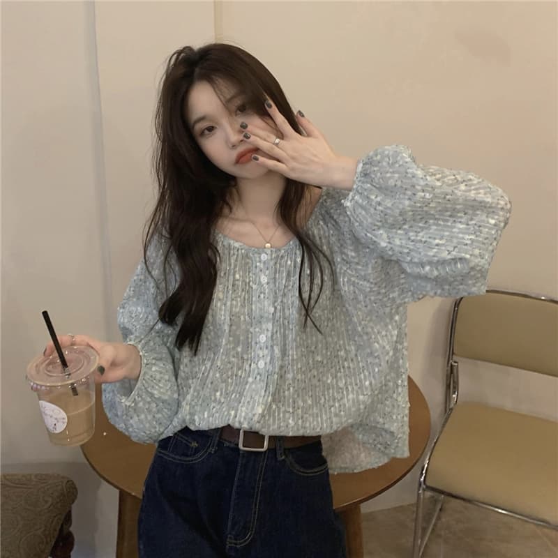 韓国風花柄シャツ長袖ブラウス上品ラウンドネック