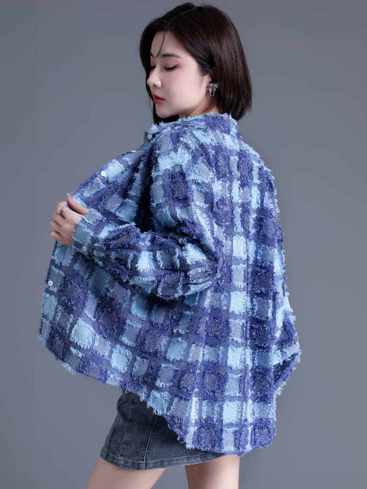 柄シャツ フリンジ格子模様シャツ